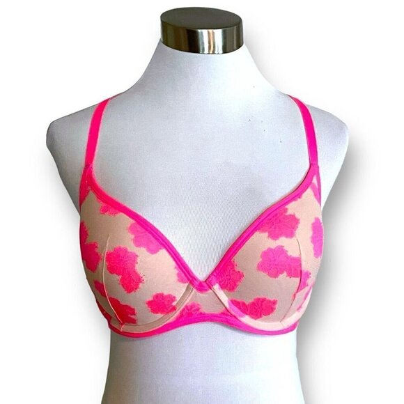 Victorias Secret 36C Bra Pink Tan Floral Lace Padded Push Up Underwire Racerback - Picture 4 of 7